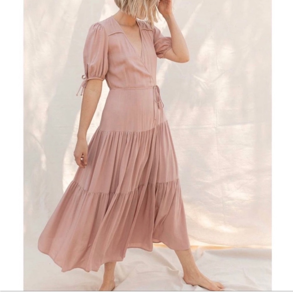 Christy Dawn Dress Blush Augusta Wrap Midi Tiered Ruffle Puff Sleeve